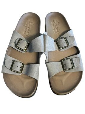 Skechers Double Buckle Slide Sandals in Light Gray with Metallic Buckles